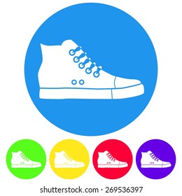 Vector illustration of flat color fitness gumshoes icon set on white background. Circle.