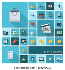 Vector illustration of flat color icons with long shadow. Retail commerce and marketing elements. Shopping, money, finance, economy sign and symbol. Design elements for mobile and web applications.
