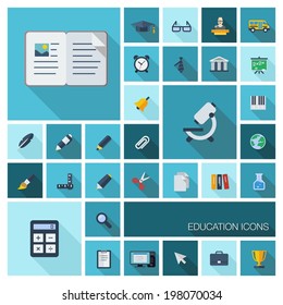 Vector illustration of flat color icons with long shadow. Education, online education, online learning, learn to think concepts. Book, microscope, calculator, pen, elearning, teacher symbols