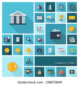 Vector illustration of flat color icons with long shadow. Finance set for web, apps, interface design: bank, card, wallet, coin, safe, money bag, cash, case, calculator, dollar, euro, pound symbol.