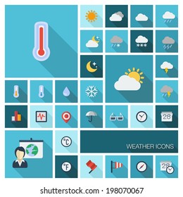 Vector illustration of flat color icons with long shadow.  Meteo set for web, computer, mobile apps, internet, interface design: weather cast, cloud, rain, snow, moon, thermometer, umbrella symbol.