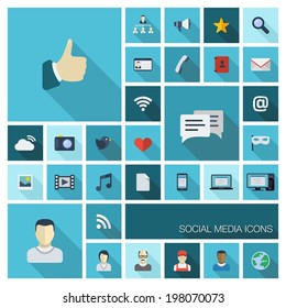 Vector illustration of flat color icons with long shadow. Abstract social media background. Digital concept with like, speech bubble, avatar, computer, communication symbols for web, mobile app design