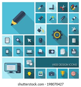 Vector illustration of flat color icons with long shadow. Graphic tools set for web, application development, computer, mobile apps, internet, interface design. Pencil, brush, cogwheel, grid symbol