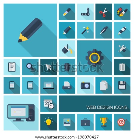Vector illustration of flat color icons with long shadow. Graphic tools set for web, application development, computer, mobile apps, internet, interface design. Pencil, brush, cogwheel, grid symbol