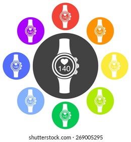 Vector illustration of flat color pulsometer heart rate monitor watch icon set on white background. Circle