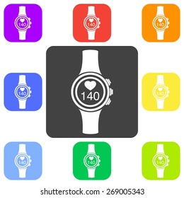 Vector illustration of flat color pulsometer heart rate monitor watch icon set on white background. Button