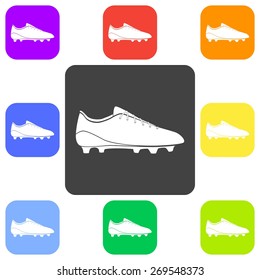 Vector illustration of flat color soccer shoes, american football boots icon set on white background. Button.