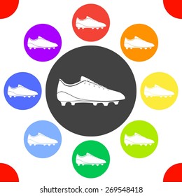 Vector illustration of flat color soccer shoes, american football boots icon set on white background. Circle.