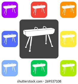 Vector illustration of flat color vaulting horse icon set on white background. Button.