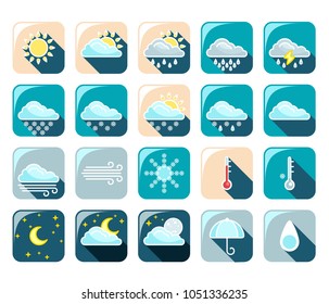 Vector illustration of flat color weather icons with long shadow. Weather icons. Icons with shadow.