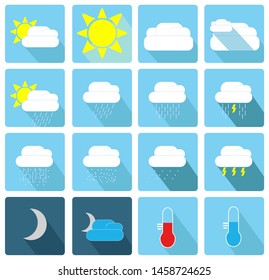 Vector illustration of flat color weather icons with long shadow.