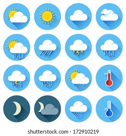 Vector illustration of flat color weather icons with long shadow