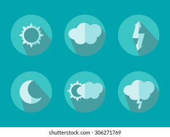 Vector illustration of flat color weather icons with long shadow