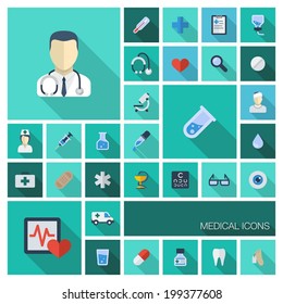 Vector illustration of flat colored icons with long shadows. Abstract medicine background with medical, health, healthcare, doctor, pills, cross symbols. Design elements for mobile, web applications.