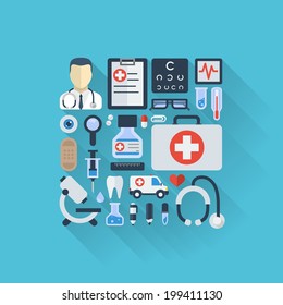 Vector illustration of flat colored icons with long shadows. Abstract medicine background with medical, health, healthcare, doctor, pills, cross symbols. Design elements for mobile, web applications.