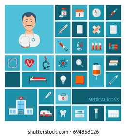 Vector illustration of flat colored icons. Abstract medicine background with medical, health, healthcare, doctor, pills, cross symbols. Design elements for mobile, web applications.