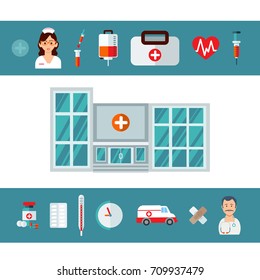 Vector illustration of flat colored icons. Abstract medicine background with medical, health, healthcare, doctor, pills, cross symbols. Design elements for mobile, web applications.