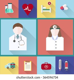 Vector illustration of flat colored medical icons with long shadows. 