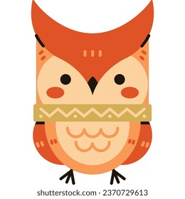 Vector illustration in flat colors style. A owl in autumn with a scarf around its neck.