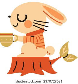 Vector illustration in flat colors style. A rabbit in autumn with a coffee cup on a stump