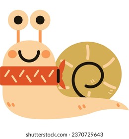 Vector illustration in flat colors style. A snail in autumn with a scarf around its neck.