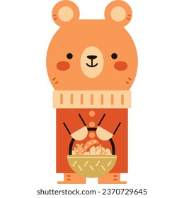 Vector illustration in flat colors style. A bear in autumn carries a basket of vegetables and fruits.