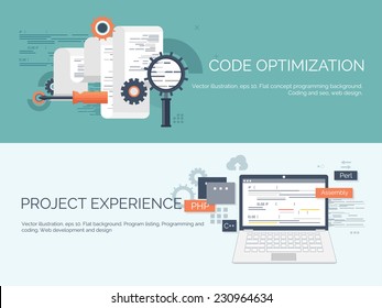 Vector illustration. Flat computing background. Programming and coding. Web development and search. Search engine optimization. Innovation and technologies. Mobile app.