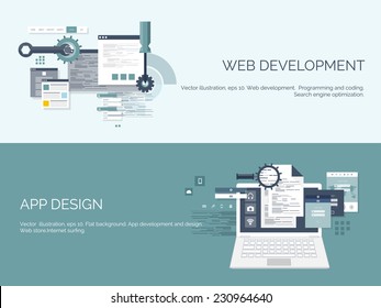 Vector illustration. Flat computing background. Programming and coding. Web development and search. Search engine optimization. Innovation and technologies. Mobile app.