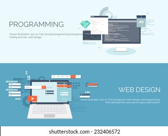 Vector illustration. Flat computing background. Programming and coding. Web development and search. Search engine optimization. Innovation and technologies. 