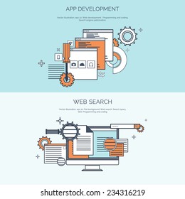 Vector illustration. Flat computing background. Programming and coding. Web development and search. Search engine optimization. Innovation and technologies. Mobile app. 