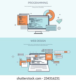 Vector illustration. Flat computing background. Programming and coding. Web development and search. Search engine optimization. Innovation and technologies. Mobile app. 