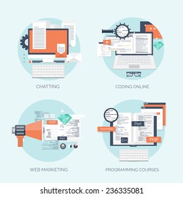 Vector illustration. Flat computing background. Programming and coding. Web development and search. Search engine optimization. Innovation and technologies. Mobile app.