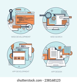 Vector illustration. Flat computing background. Programming and coding. Web development and search. Search engine optimization. Innovation and technologies. Mobile app.