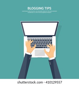 Vector illustration. Flat computing background with computer and hand. Blogging