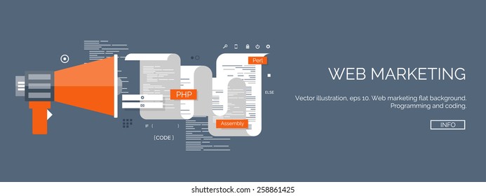 Vector illustration. Flat computing backgrounds set with icons and lines. Programming and coding. Web development and search. Search engine optimization. Innovation and technologies. Mobile app.