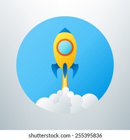 Vector illustration. Flat concept background with rocket. Project start up. Business aims and smart solutions. Teamwork.