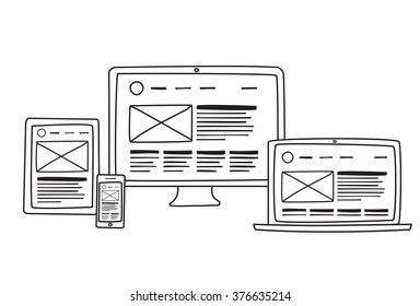 Vector Illustration Of Flat Concept Responsive Web Design Prototype In Computer, Tablet And Phone