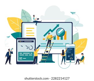 Vector illustration of flat. Concepts of web page design and mobile website development, little people work on creating a website, applications, information transfer, computer, tablet. Brainstorming 
