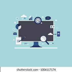 Vector illustration, flat conceptual colored icons, business concept, work online behind a computer over a business project, monitor with departing icons
