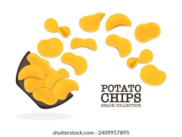 Vector illustration of flat, crispy, wavy pieces of potato chips bouncing off a wooden bowl. Vector crispy vegetable snacks or junk food Salty potato chips isolated on white cartoon background.