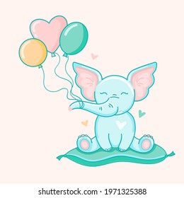 Vector illustration flat cute elephant with colored balloons on a soft pillow