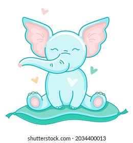 Vector illustration flat cute elephant on a soft pillow.