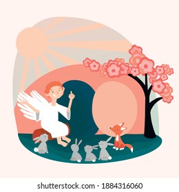 Vector illustration in flat cute style hand-drawn for Easter. An angel near the tomb announces the good news of the resurrection of Jesus Christ. Empty tomb. Jesus is alive. Sunday. Biblical character
