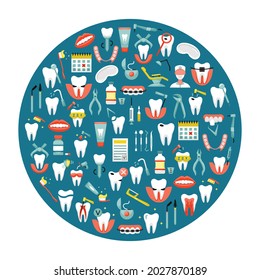 Ilustración vectorial de iconos odontológicos planos en forma redonda
