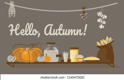 Vector illustration, flat design. Autumn food items, pumpkin, apples, pie, cider, corn, herbs with lettering "Hello, Autumn!"