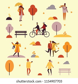 Vector illustration in flat design of autumn season background with people outdoor