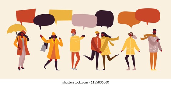 Vector illustration in flat design of autumn season background with people and speesh bubbles