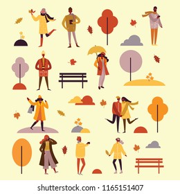 Vector illustration in flat design of autumn season background with people outdoor