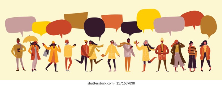 Vector illustration in flat design of autumn season background with people and speesh bubbles
