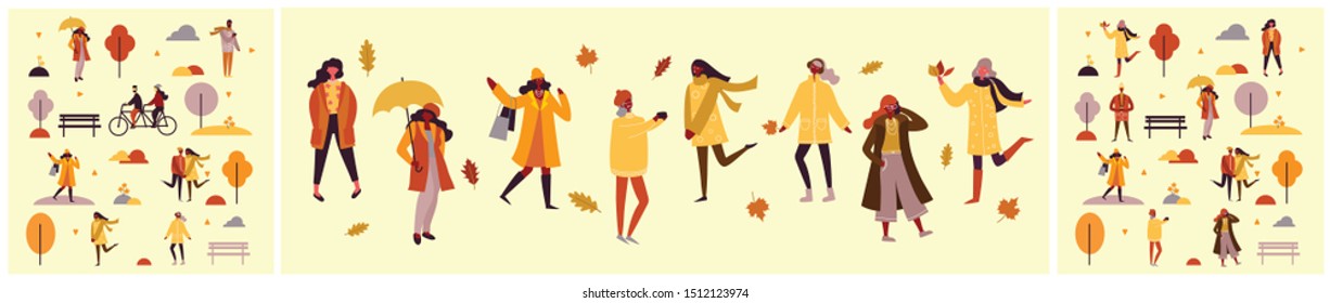 Vector illustration in flat design of autumn season background with people outdoor in the flat style